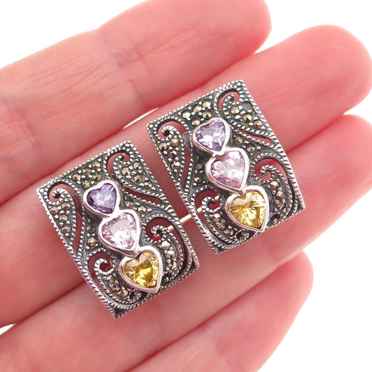 925 Sterling Vintage Real Marcasite & Multi-Color C Z Heart Clip On Earrings