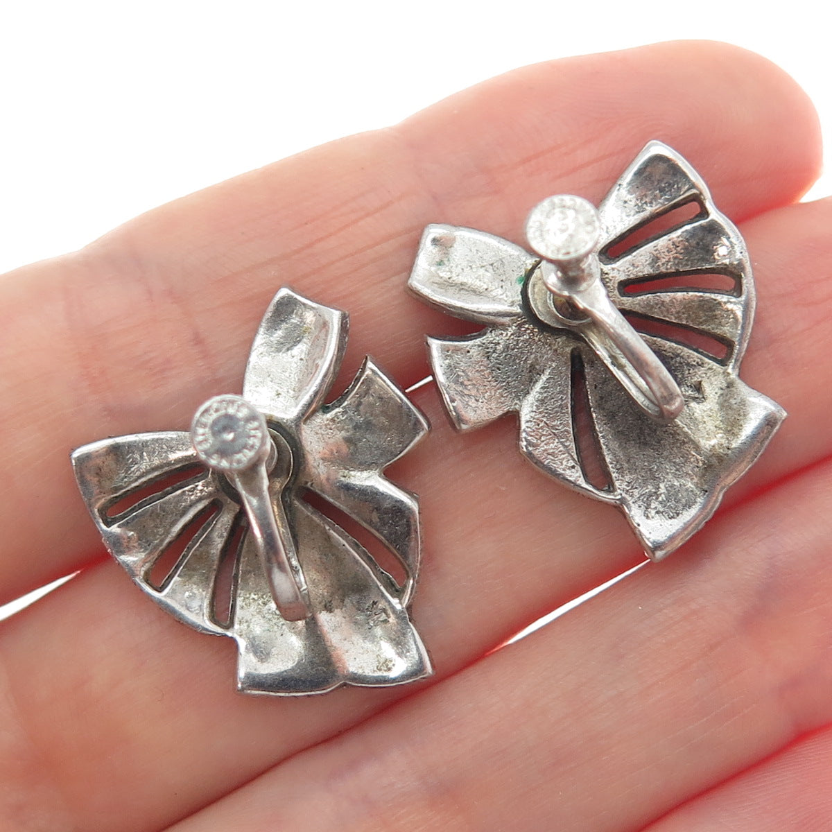 925 Sterling Silver Antique Art Deco Real Marcasite Bow Screw Back Earrings