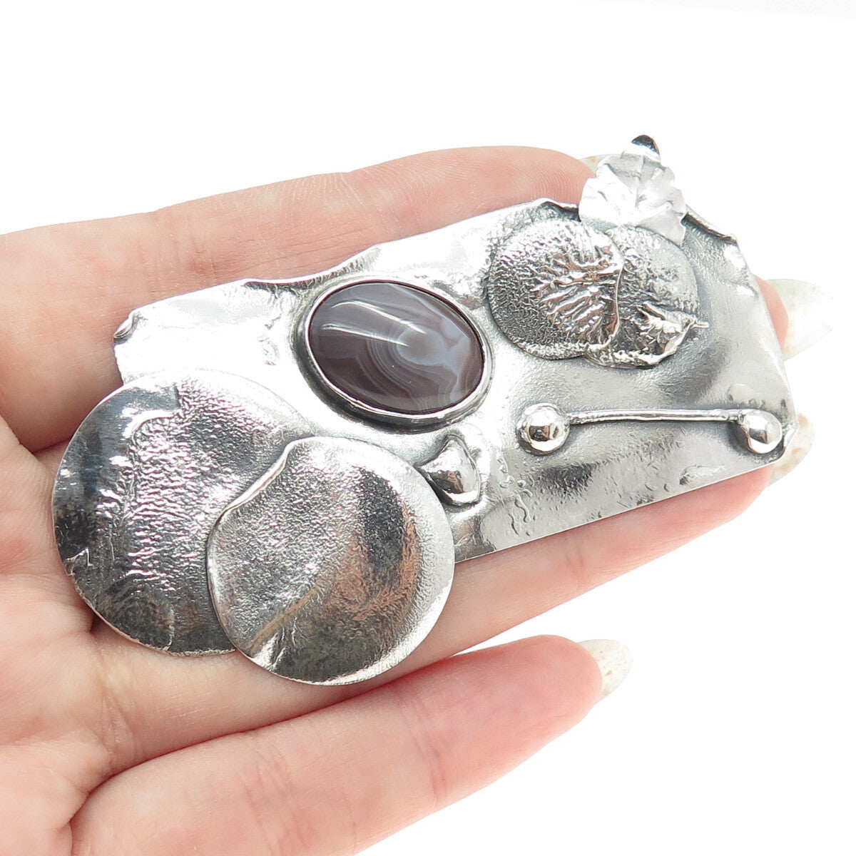 925 Sterling Silver Vintage Real Picture Agate Gemstone Modernist Pin Brooch