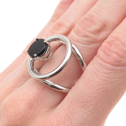925 Sterling Silver Vintage Real Black Onyx Modernist Ring Size 6