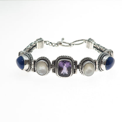 SUARTI BALI 925 Sterling Silver Vintage Real Amethyst Lapis MOP Bracelet 7-7.5"