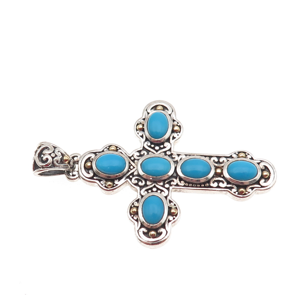 Samuel Benham 925 Sterling Silver 18K Gold Real Turquoise Cross Beaded Pendant