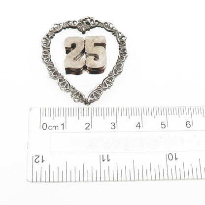 925 Sterling Silver Vintage 25th Anniversary Heart Charm Pendant