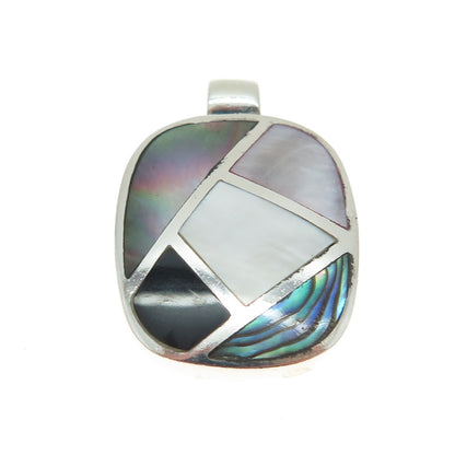 925 Sterling Silver Vintage Mother-of-Pearl Abalone Shell Black Onyx Gem Pendant