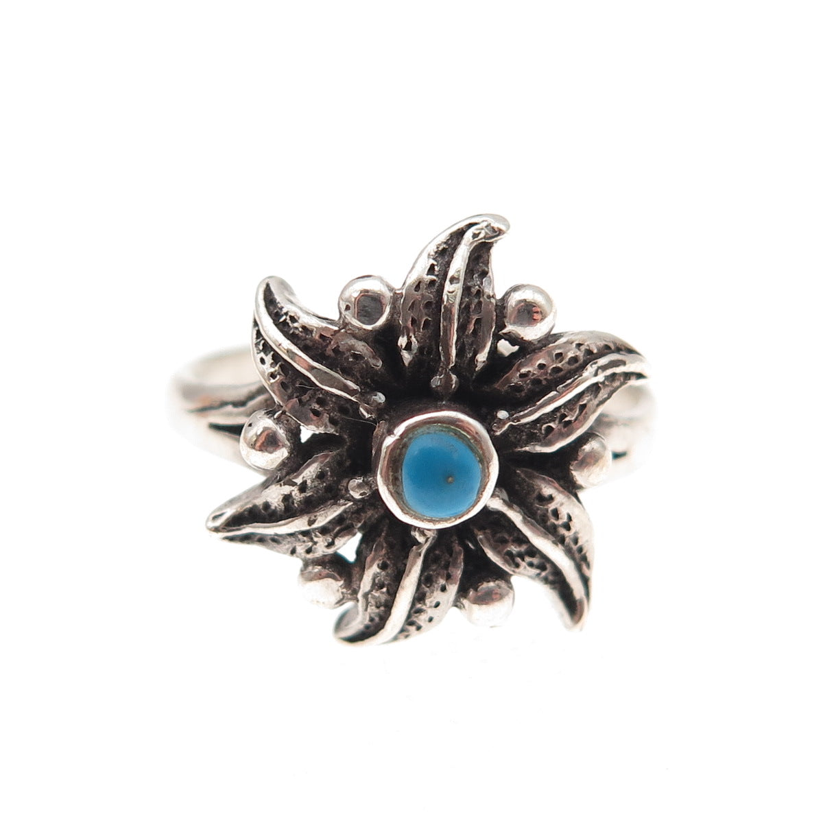 925 Sterling Silver Vintage Real Turquoise Lily Flower Oxidized Ring Size 6.25