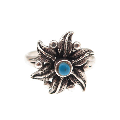 925 Sterling Silver Vintage Real Turquoise Lily Flower Oxidized Ring Size 6.25