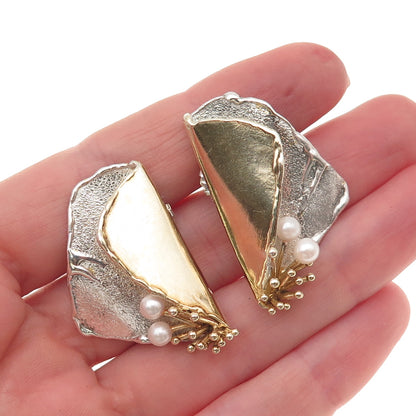 Joseph Masaniello Sterling Silver 2-Tone Vintage Real Pearl Modernist Earrings