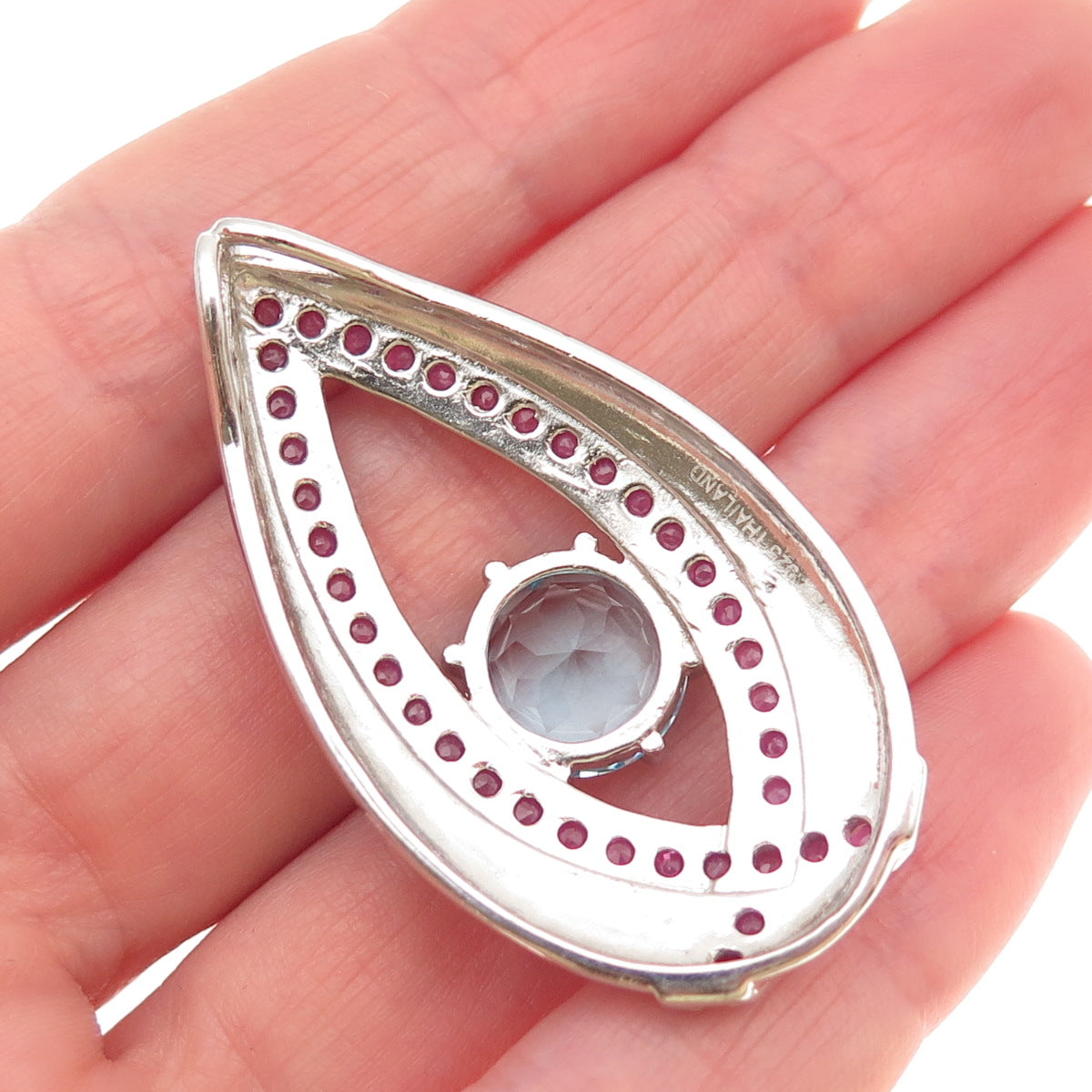 SX Sally C 925 Sterling Silver Real Blue Topaz & Ruby Teardrop Slide Pendant