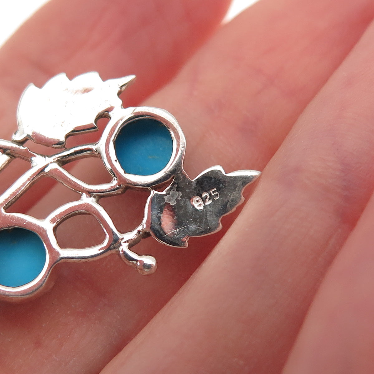 925 Sterling Vintage Real Sleeping Beauty Turquoise Floral Leaf Dangle Earrings