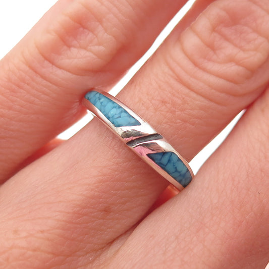 Old Pawn 925 Sterling Silver Vintage Southwestern Turquoise Inlay Ring Size 6