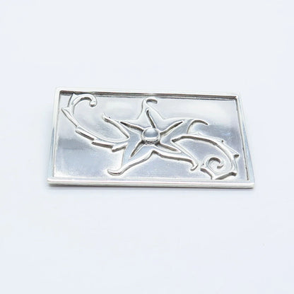 925 Sterling Silver Vintage Rectangle Floral Pin Brooch
