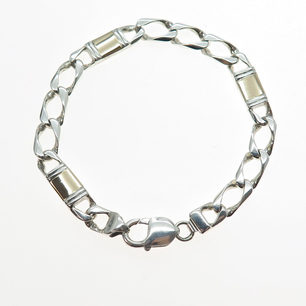 925 Sterling Silver 14K Gold Vintage Italy Anchor Curb Link Bracelet 8.25"