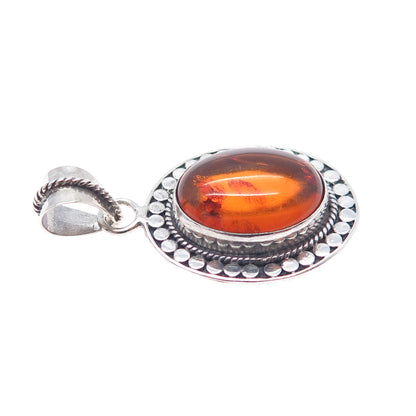 925 Sterling Silver Vintage Real Amber Dotted Charm Pendant