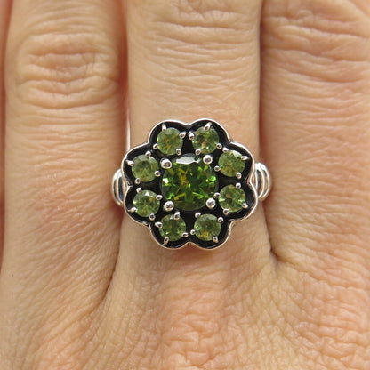 925 Sterling Silver Real Round-Cut Peridot Flower Ring Size 7.75
