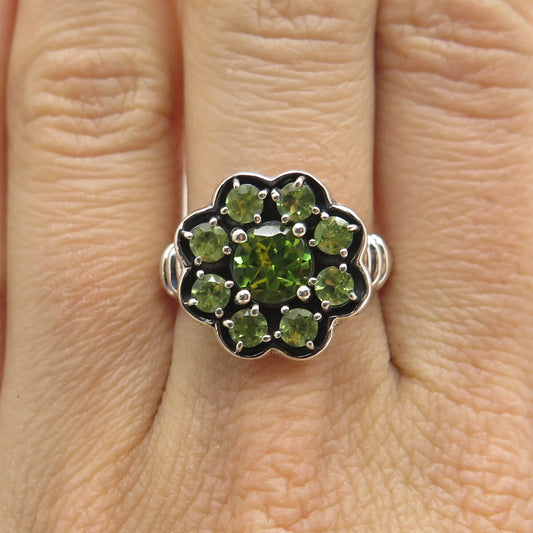925 Sterling Silver Real Round-Cut Peridot Flower Ring Size 7.75