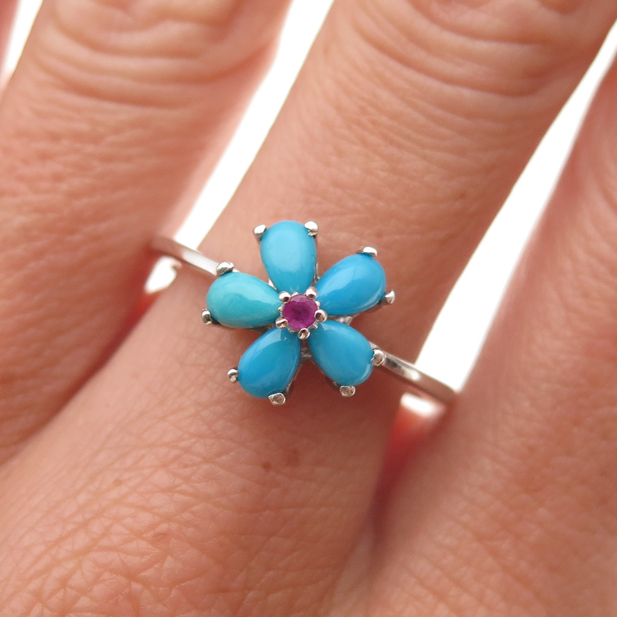 Chuck Clemency 925 Sterling Silver Real Turquoise & Ruby Floral Ring Size 8.25