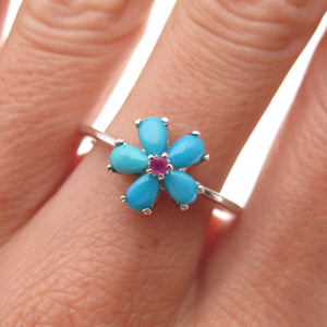 Chuck Clemency 925 Sterling Silver Real Turquoise & Ruby Floral Ring Size 8.25