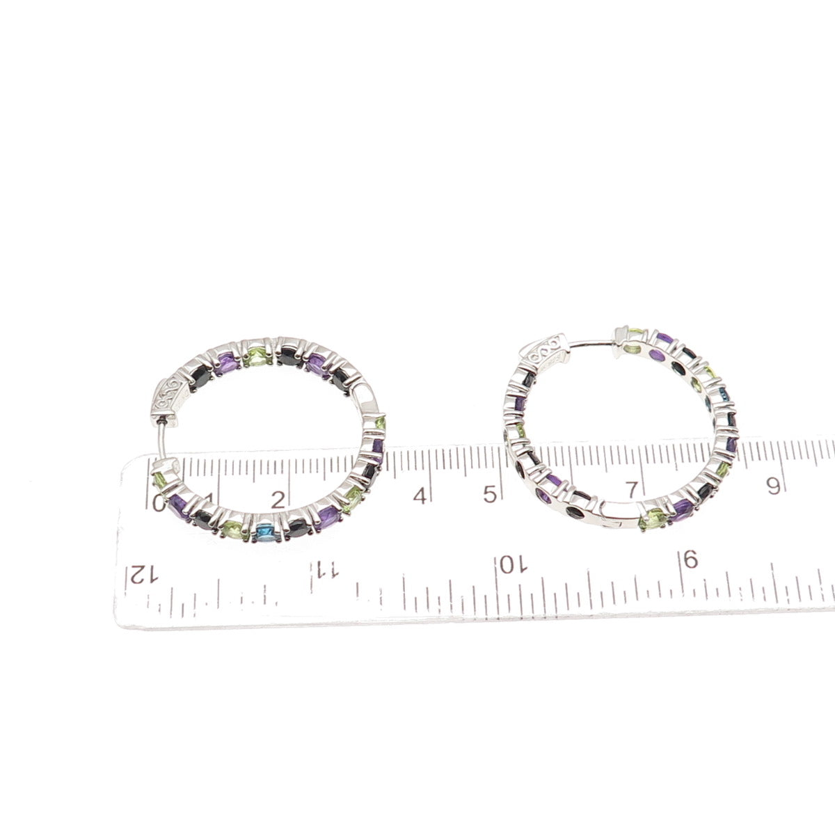 925 Sterling Silver Real Topaz Amethyst Peridot Spinel In & Out Hoop Earrings
