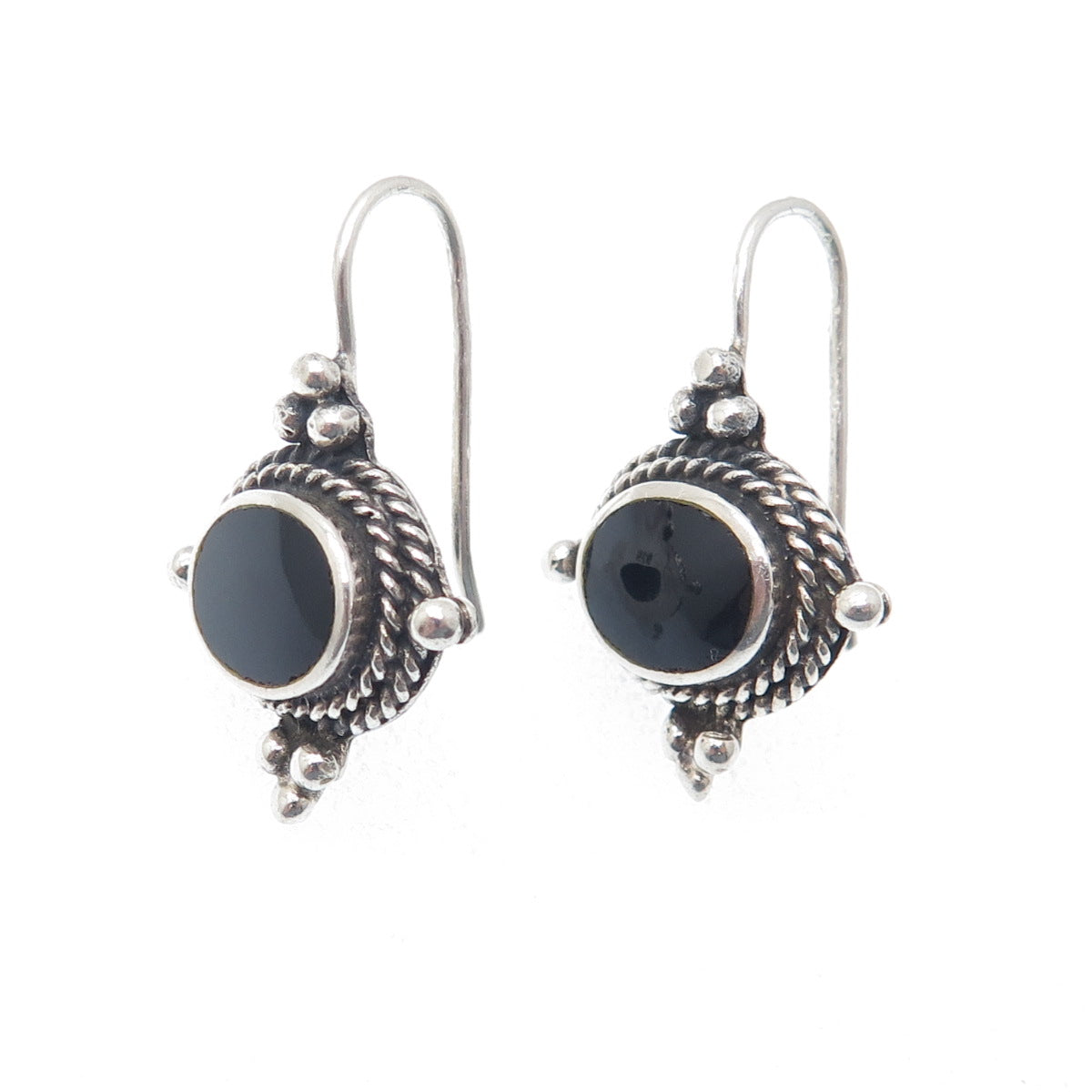 925 Sterling Silver Vintage Real Black Onyx Beaded Oxidized Earrings