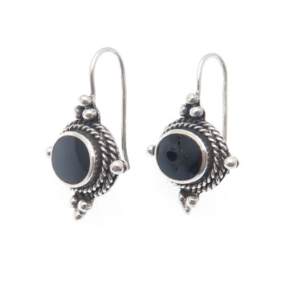 925 Sterling Silver Vintage Real Black Onyx Beaded Oxidized Earrings