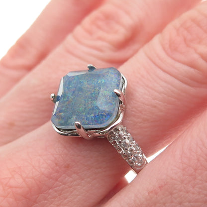925 Sterling Silver Real Doublet Black Opal & White Topaz Ring Size 10.5