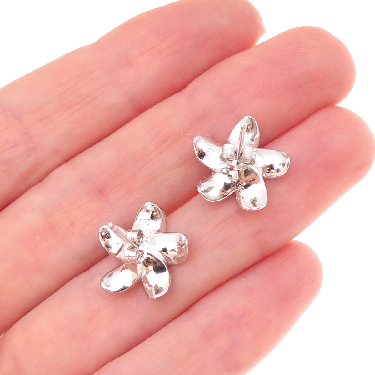 925 Sterling Silver Hawaiian Plumeria Flower Stud Earrings