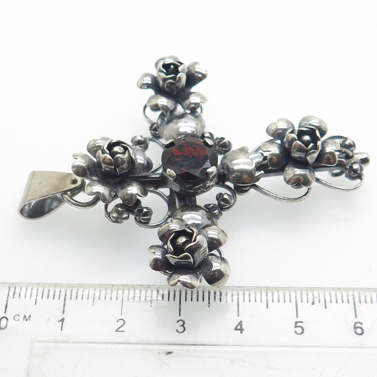925 Sterling Silver Antique Art Deco Real Red Garnet Rose Cross Oxidized Pendant