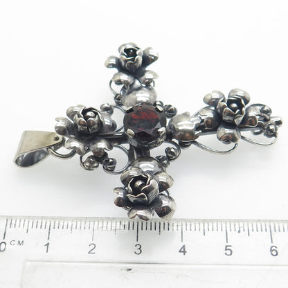 925 Sterling Silver Antique Art Deco Real Red Garnet Rose Cross Oxidized Pendant