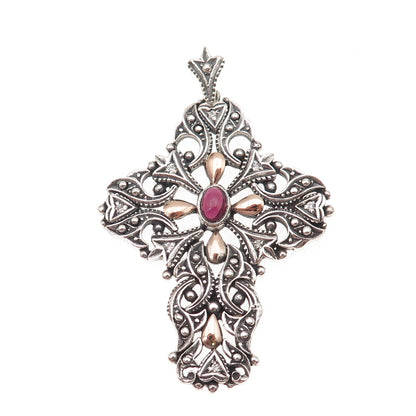 925 Sterling Silver 2-Tone Vintage Real Rhodolite & C Z Floral Cross Pendant