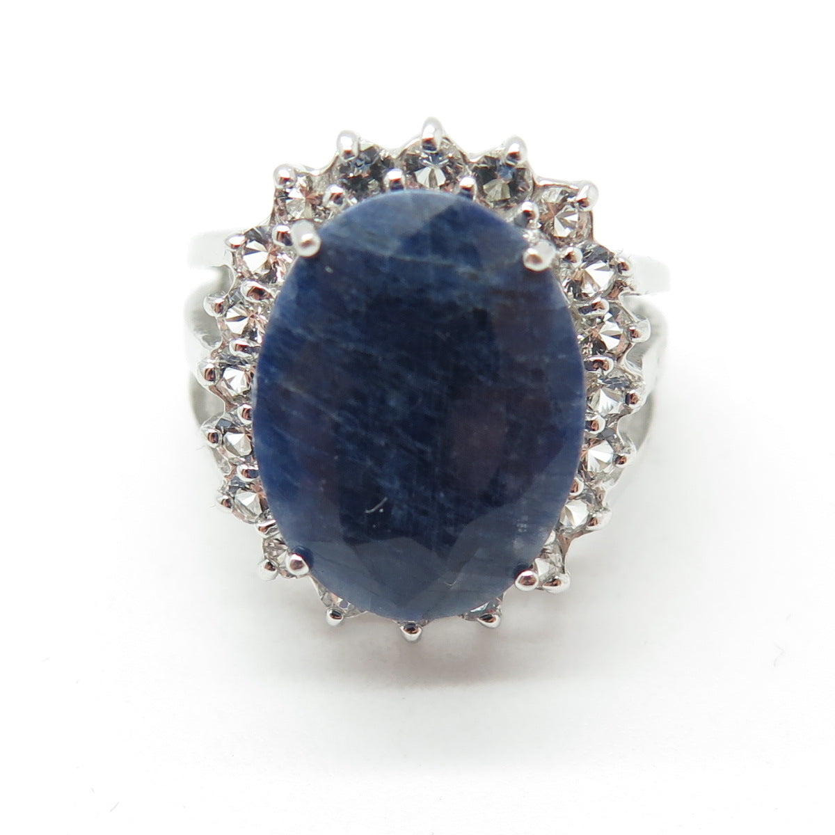 925 Sterling Silver Real Blue Sapphire & White Topaz Gemstone Ring Size 6.75
