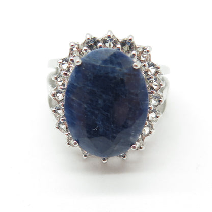 925 Sterling Silver Real Blue Sapphire & White Topaz Gemstone Ring Size 6.75