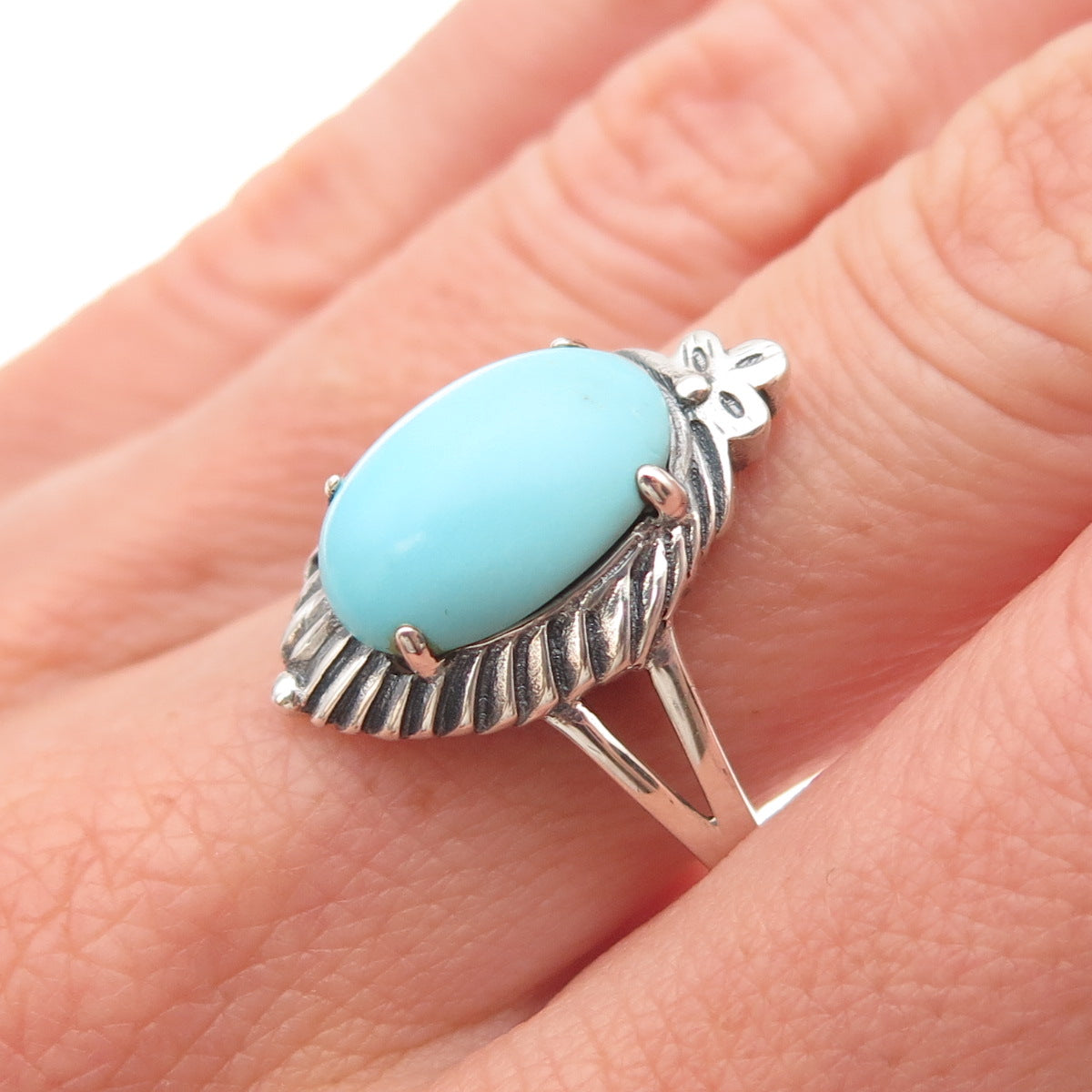 925 Sterling Silver Real Tyrone Turquoise Floral Oxidized Ring Size 8