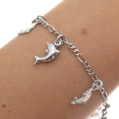 925 Sterling Silver Italy Dolphin Charms Figaro Link Bracelet 7"