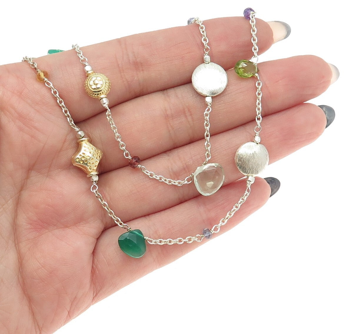 925 Sterling Silver Chalcedony Peridot Citrine Garnet Tanzanite Gem Necklace 40"