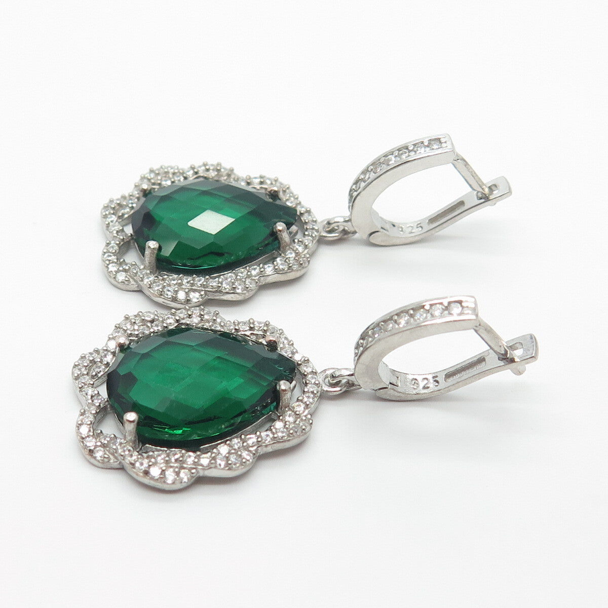 925 Sterling Silver White & Green C Z Dangling Earrings