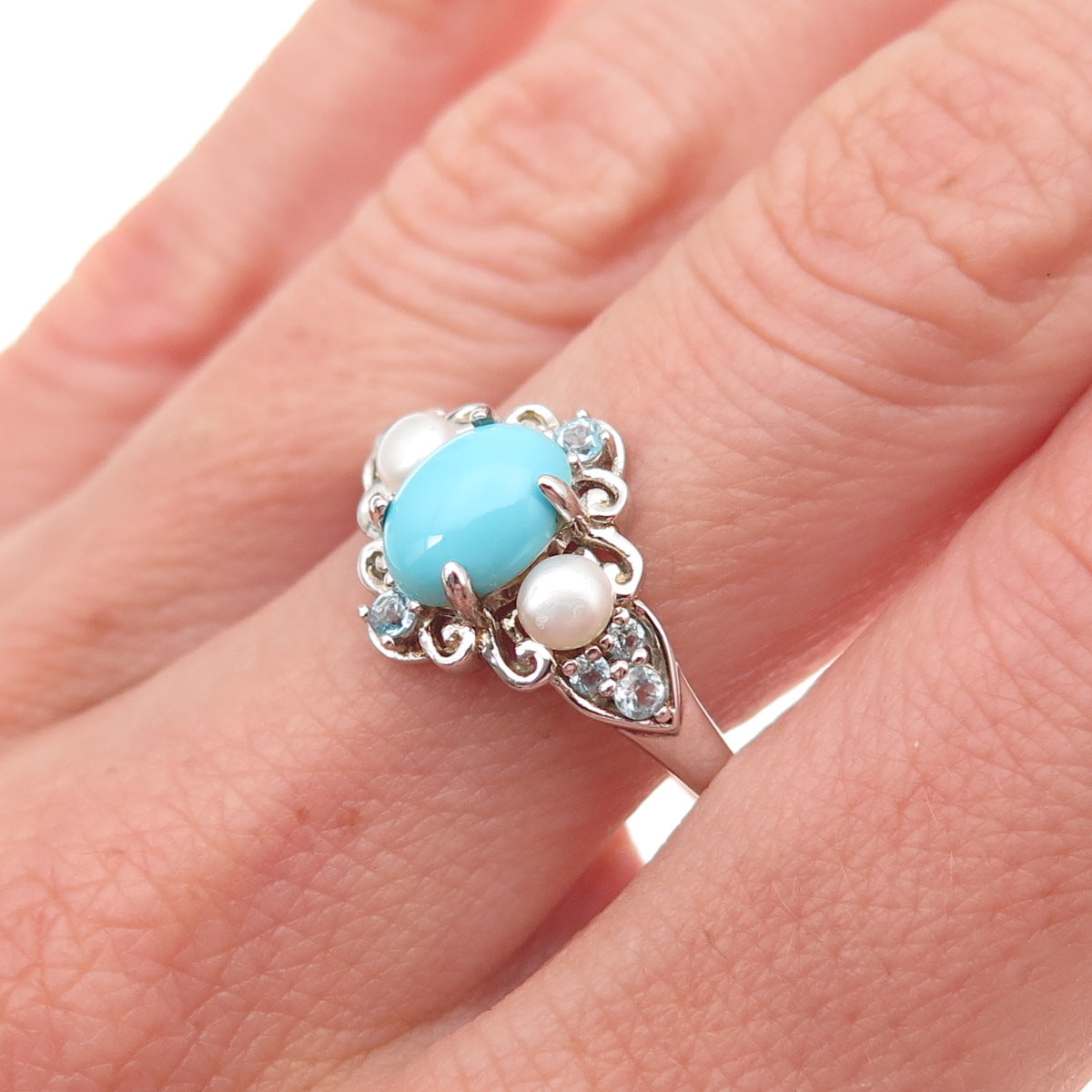 925 Sterling Silver Real Turquoise Pearl & Blue Topaz Ring Size 10.25