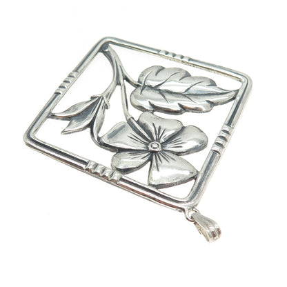 925 Sterling Silver Antique Art Deco Flower Square Oxidized Pendant
