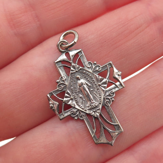 Silver-Tone Antique Art Deco St. Mary Miraculous Cross Oxidized Charm Pendant