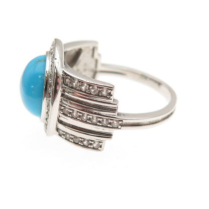 925 Sterling Silver Real Sleeping Beauty Turquoise & White Topaz Ring Size 8