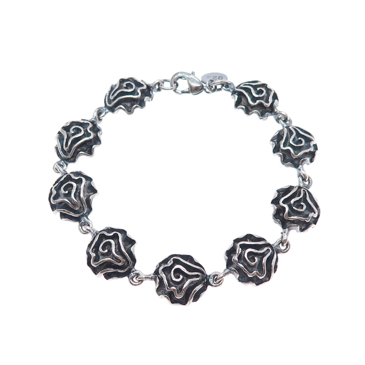 925 Sterling Silver Vintage Modernist Oxidized Flower Link Bracelet 7"
