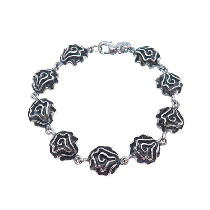 925 Sterling Silver Vintage Modernist Oxidized Flower Link Bracelet 7"