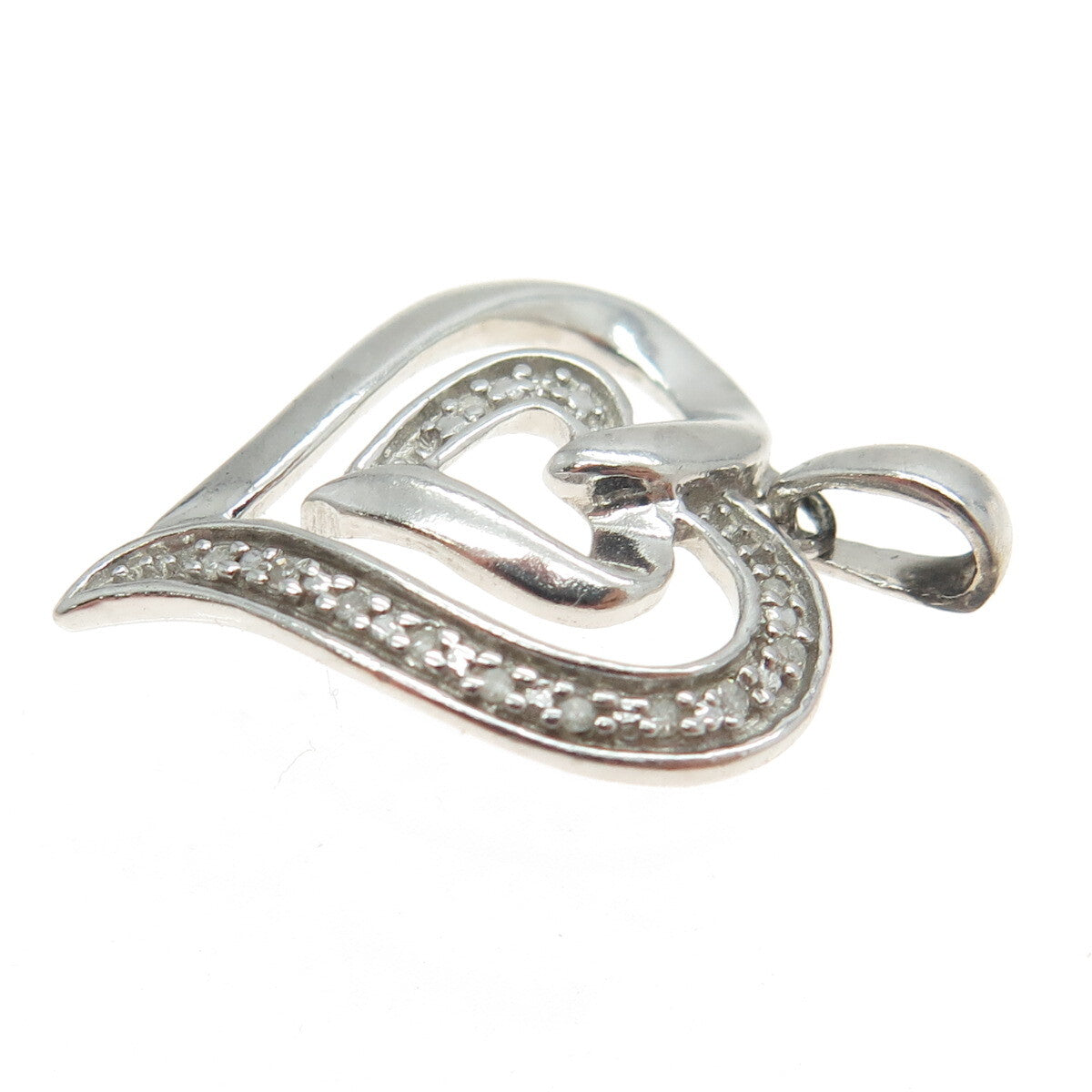 925 Sterling Silver Real Round-Cut Diamond Double Heart Pendant