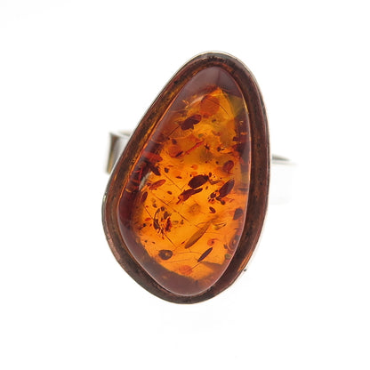 925 Sterling Silver Vintage Real Amber Modernist Oxidized Ring Size 9.5