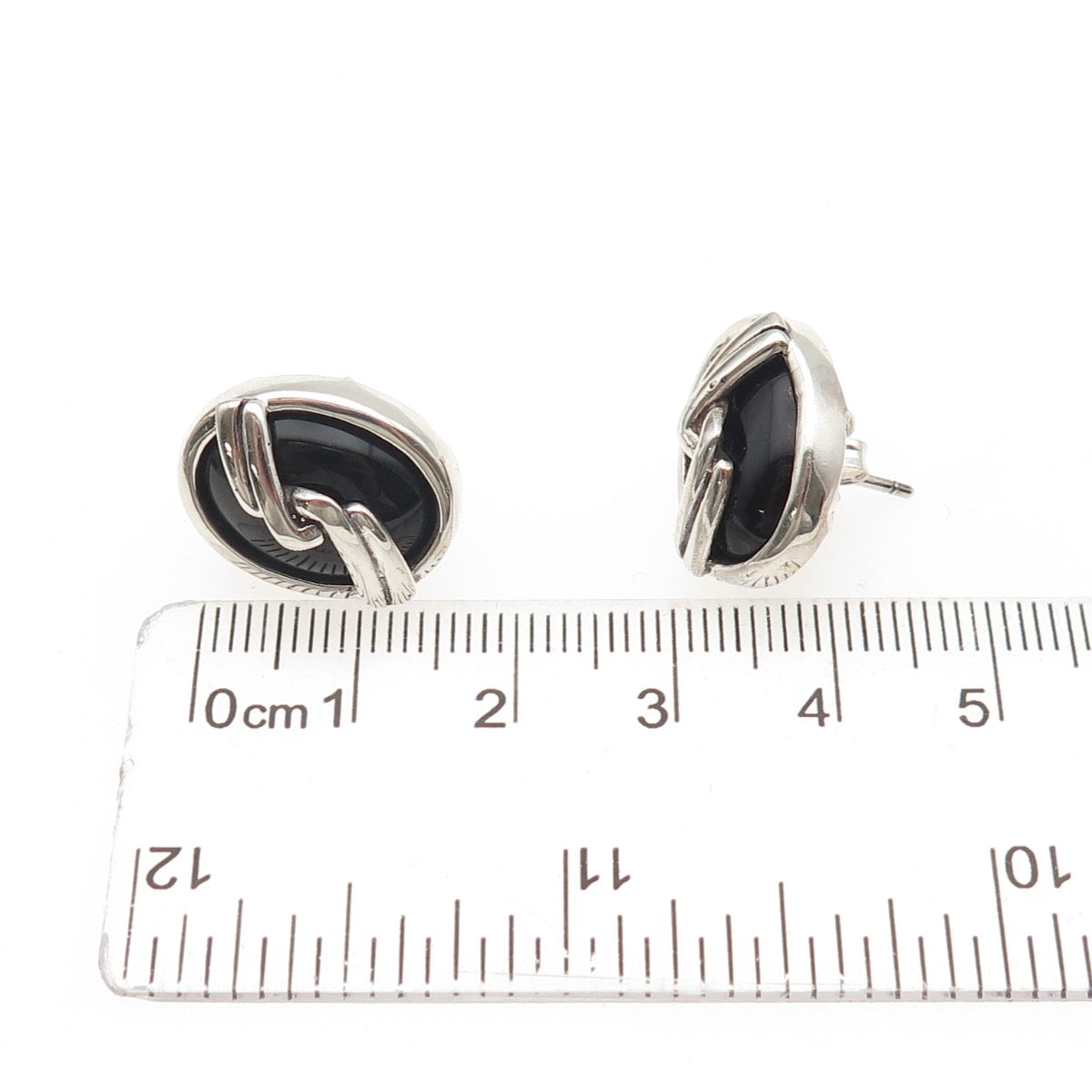 925 Sterling Silver Vintage Real Black Onyx Modernist Twisted Earrings