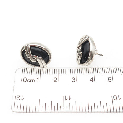 925 Sterling Silver Vintage Real Black Onyx Modernist Twisted Earrings