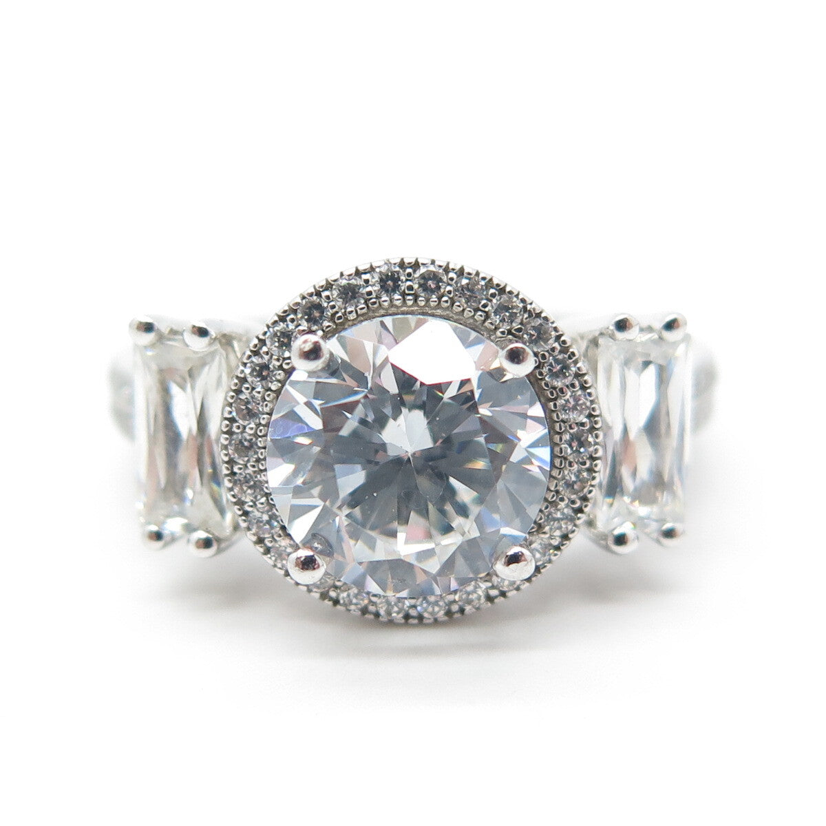 925 Sterling Silver Round & Baguette-Cut White C Z Engagement Ring Size 7