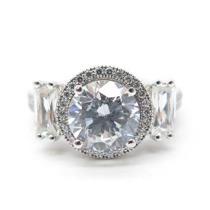 925 Sterling Silver Round & Baguette-Cut White C Z Engagement Ring Size 7