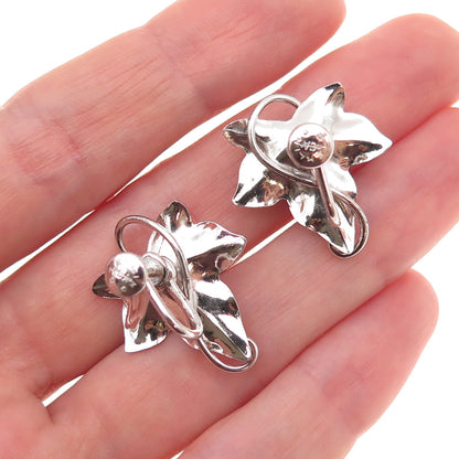 Carl Art 925 Sterling Vintage Blue & White Rhinestone Floral Screw Back Earrings