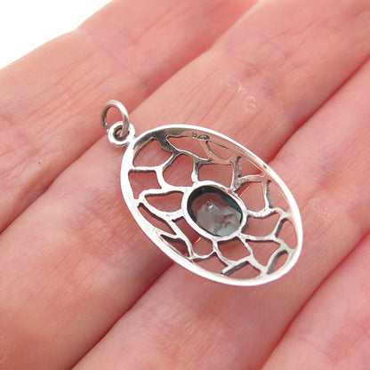 925 Sterling Silver Vintage Real Oval-Cut Blue Topaz Ornate Charm Pendant
