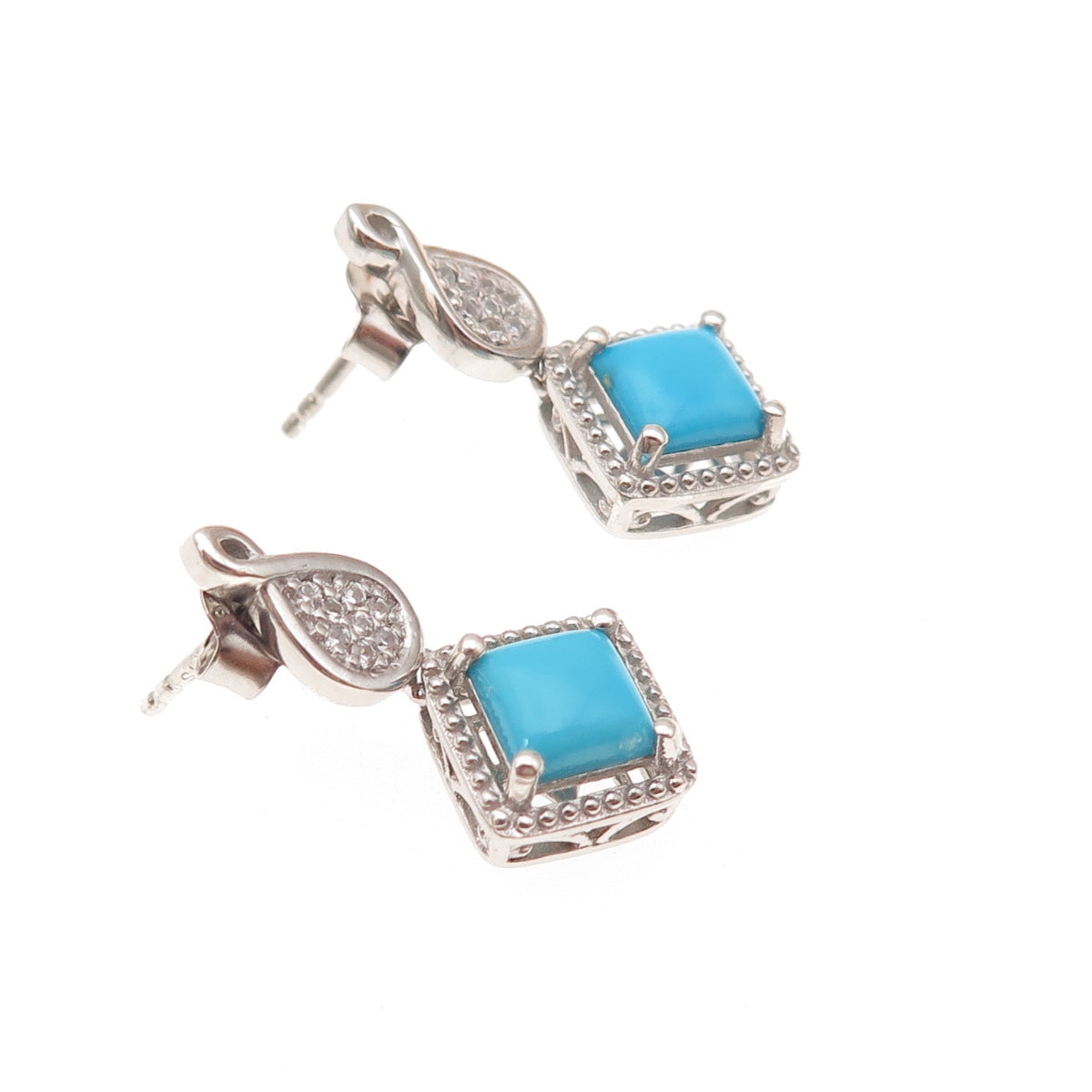 Chuck Clemency 925 Sterling Silver Real Turquoise & White Topaz Dangle Earrings